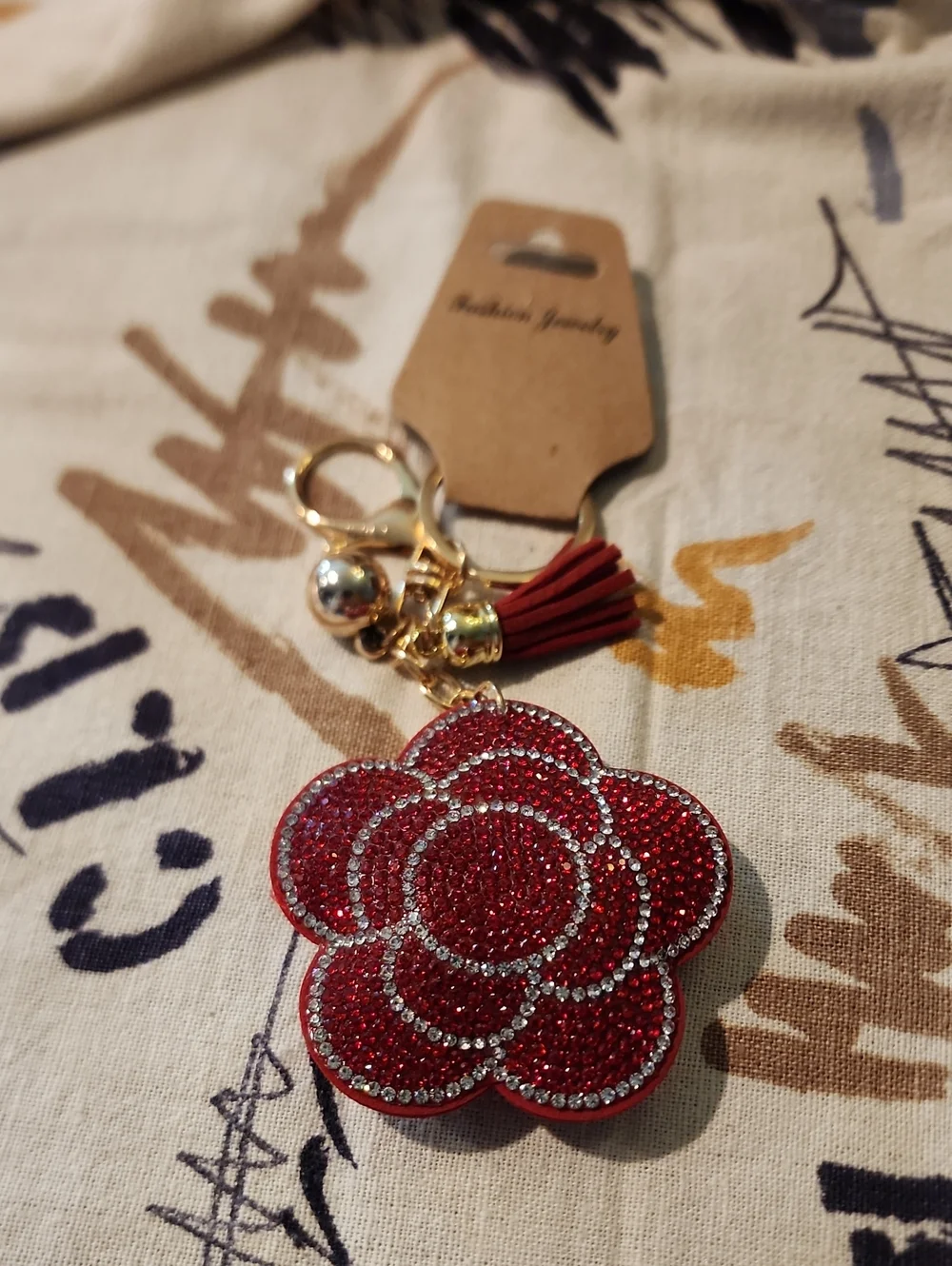 Red Flower Key Chain With Tassle - Picture 1 of 6